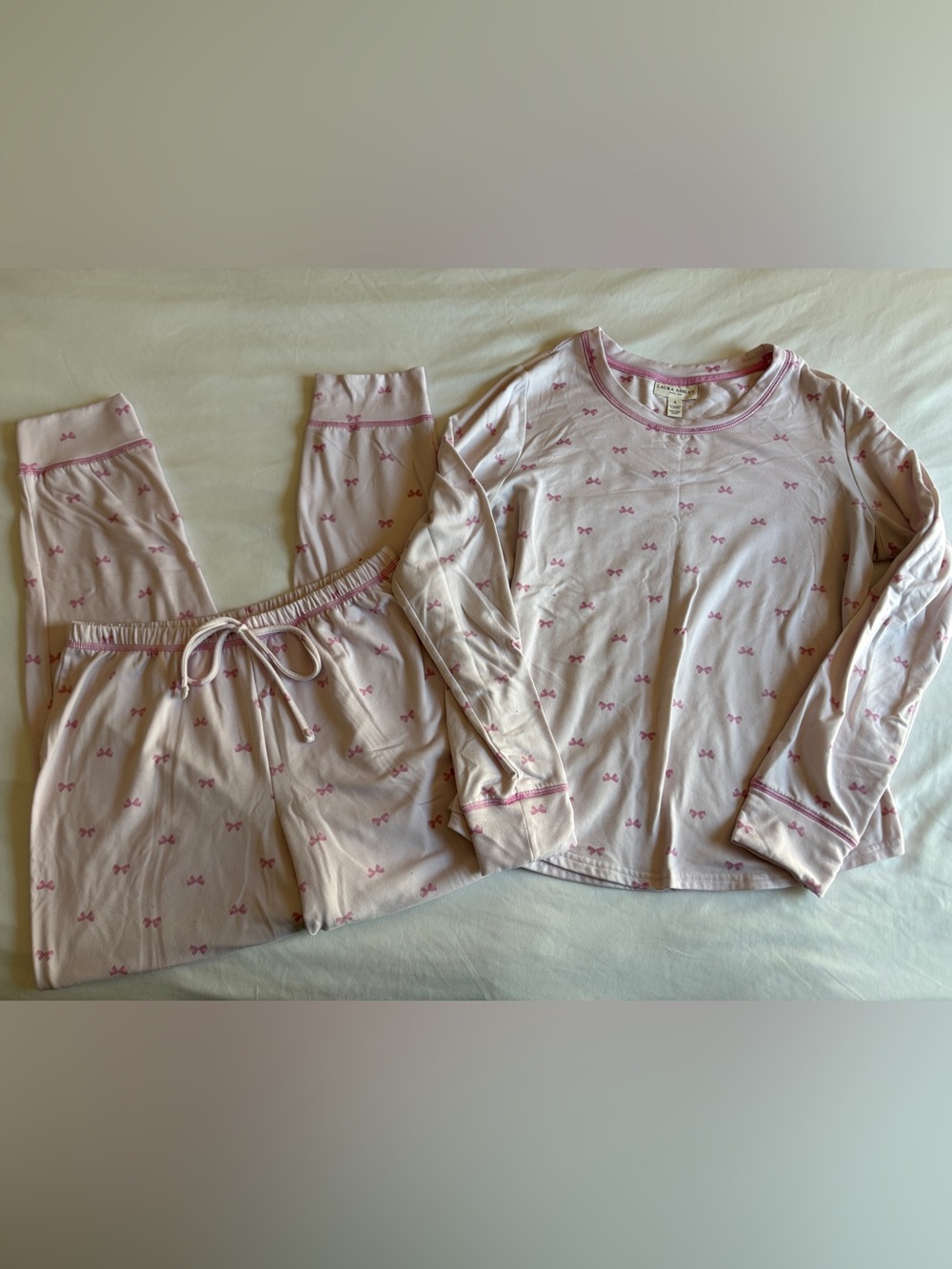 Laura Ashley Pink Bow Print Pajama Set Long Sleeve Loungewear Coquette